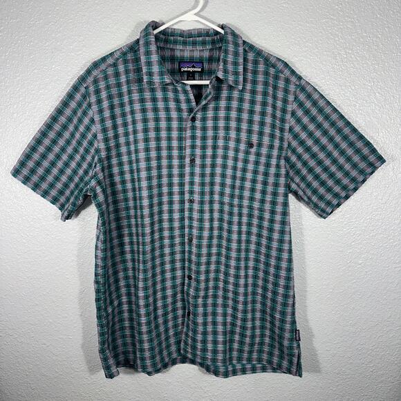 Patagonia Short Sleeve Button Down Men’s L Green Grey Plaid EUC - Picture 1 of 8